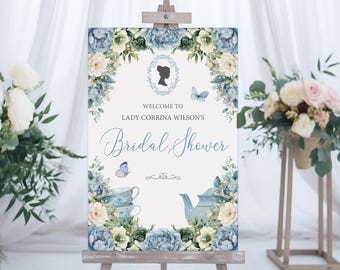 Bridal Shower Welcome Sign: Regency Cameo, Sage Green, Blue, 24x36 Corjl Editable Template
