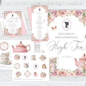 Bundle of 4 Bridgerton High Tea Blush Pink Products with Cameo, Invite, Menu, Cake Toppers, 16 x 20 Sign, Corjl Editable DIGITAL DOWNLOAD
