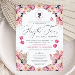 5 x 7 High Tea Bunco Night Invite, Pink Yellow Flowers, Bridgerton Cameo, Teapot, Teacups, Butterfly, Dice, Corjl Editable DIGITAL DOWNLOAD