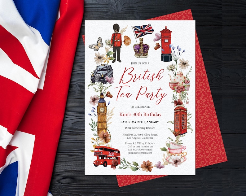 British Tea Party Invitation: London Icons, Editable 5x7 Template (Digital Download)