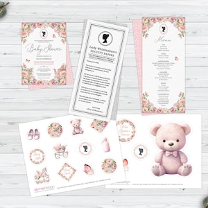 Bundle of 4 Bridgerton Baby Shower Blush Pink, Invite, Menu, 4x9 Baby Reveal Society Page, Cake Toppers,  Corjl EDITABLE DIGITAL DOWNLOAD