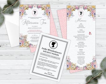 Bundle of 3 Bridgerton Afternoon Tea Pastel, Invitation, Menu, Whistledown Birthday Announcement, Corjl Editable DIGITAL DOWNLOAD