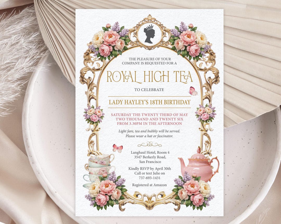 Royal High Tea Invitation, Gold Frame, Pastel Peonies, Cameo, Teapot ...