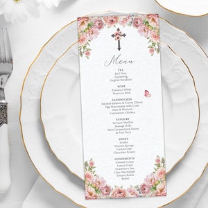 Church Tea Event Menu with Blush Pink Flowers, 4 x 9, Cross and Butterfly, Religious, Christian, Corjl EDITABLE DIGITAL DOWNLOAD