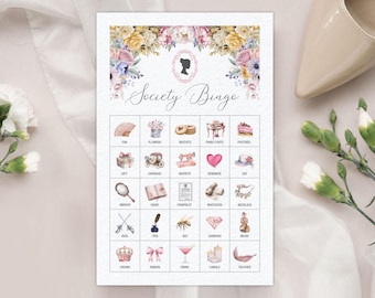 Party Bingo Karten, Pastell Blumen Gesellschaft Spiel, Regency Style Printable, Cameo, nicht bearbeitbar