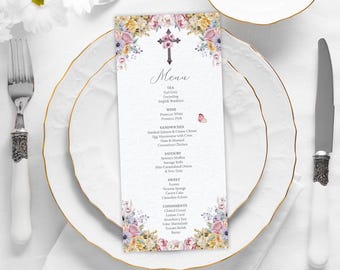 Floral Cross Church Tea Menu Template: Pastel Flowers (Digital)