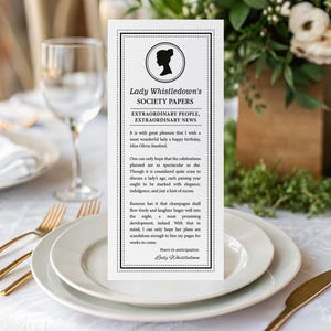 4 x 9 regency inspired society page with regency cameo and scandal text upright on a plate in front of white flowers