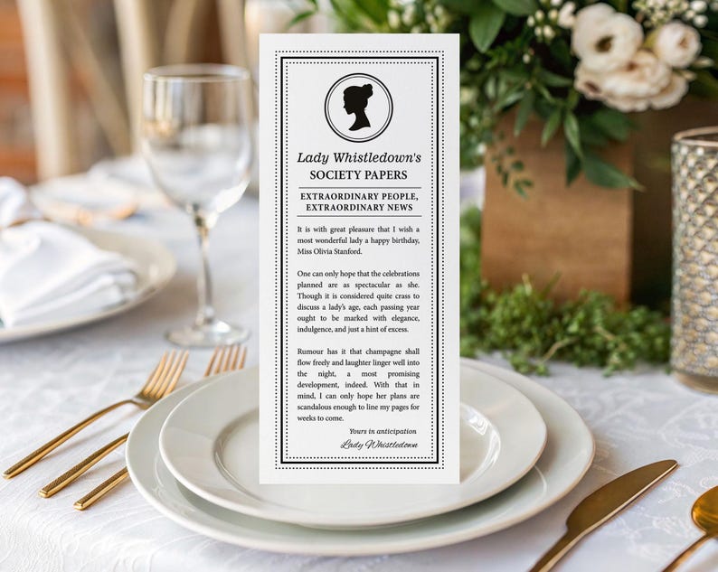 4 x 9 regency inspired society page with regency cameo and scandal text upright on a plate in front of white flowers