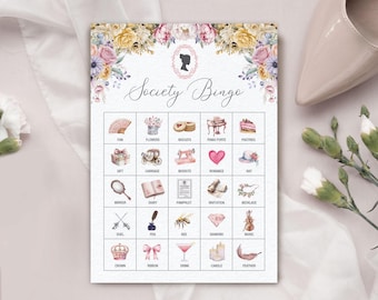 20 Society Bingo Cards, 5x7, Pastel Flowers, Regency Cameo, Non-Editable PDFs