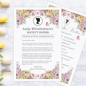 11 x 8.5 Folded Lady Whistledown Baby Shower/Reveal Announce Leaflet, Pastel Flower, Baby Games, Cameo, CORJL EDITABLE DIGITAL Template