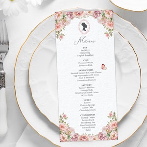 4 x 9 Bridgerton Afro Puff Cameo Tea Party Menu with Blush Pink Flowers and Butterfly, Corjl EDITABLE DIGITAL DOWNLOAD