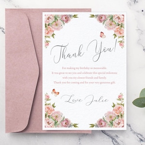 Nota de agradecimiento floral rosa ruborizado con mariposas, 5x7, 4x6 (Plantillas digitales Corjl)