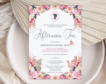 5 x 7 Afternoon Tea Invitation with Pink Flower Rose, Bridgerton Cameo, Teapot, Teacups, Butterfly, Corjl Editable Digital Download