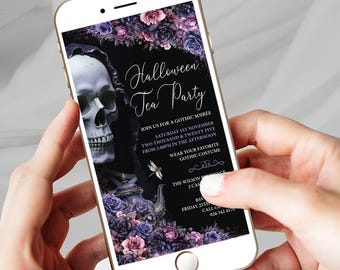 Halloween Tea Party Mobile Invite, Skeleton, Purple Pink Black, Gothic Teapot, Dragonfly, Corjl Editable Template