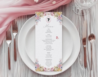 Regency Tea Party Menu: Pastel Flowers, Cameo & Butterfly (4x9 Corjl Editable Template)