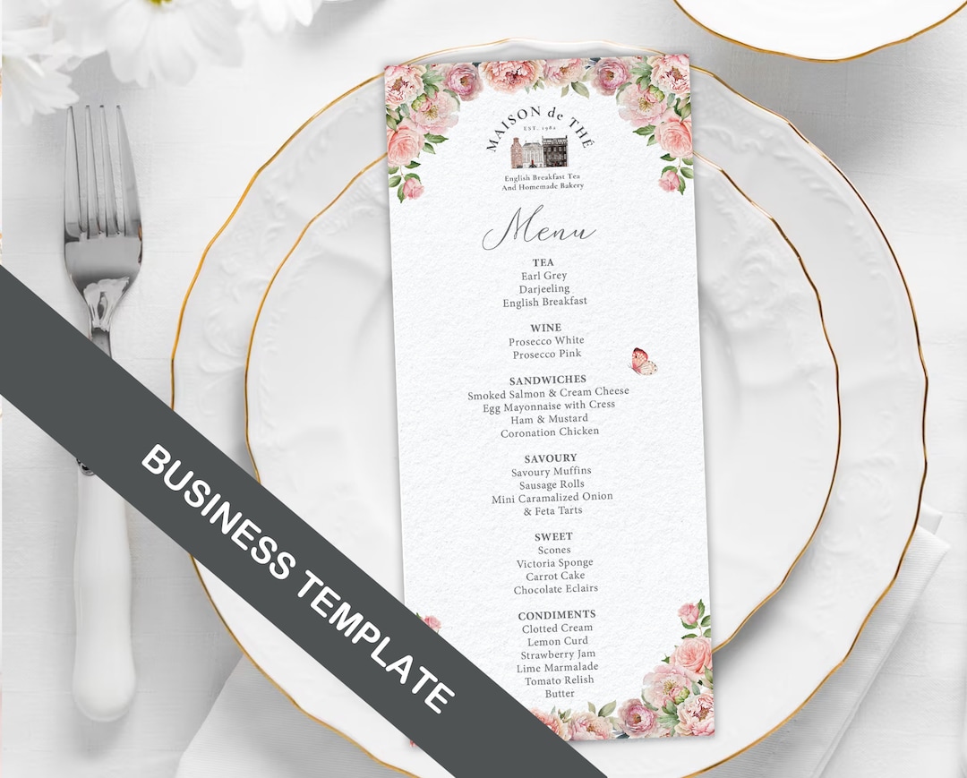 4 X 9 Menu With Blush Pink Flowers and Business Logo Front, CORJL ...