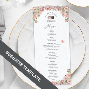 4 x 9 Menu with Blush Pink Flowers and Business Logo Front, CORJL EDITABLE DIGITAL Template