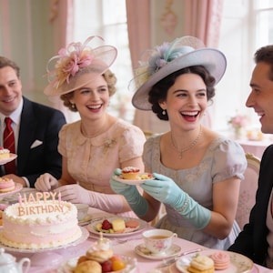 Elegant ladies and gentlemen in formal Regency style attire sitting at a tea party table with a birthday cake