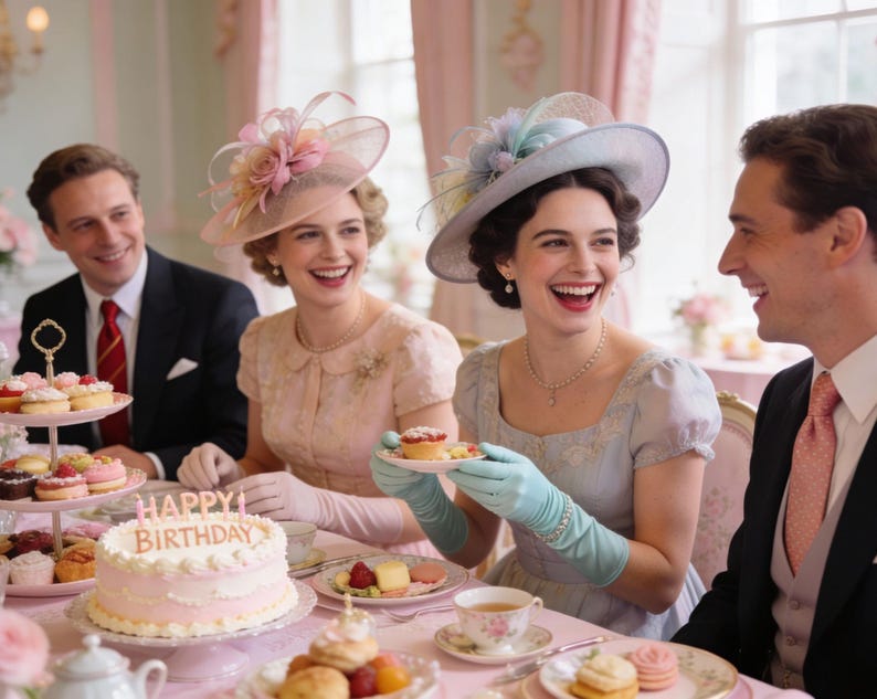 Elegant ladies and gentlemen in formal Regency style attire sitting at a tea party table with a birthday cake