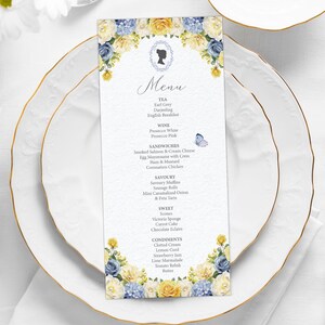 4 x 9 Tea Party Menu with Bridgerton Style Cameo, Grey Blue, Yellow Flowers with Pearls and Butterfly, CORJL EDITABLE DIGITAL Template