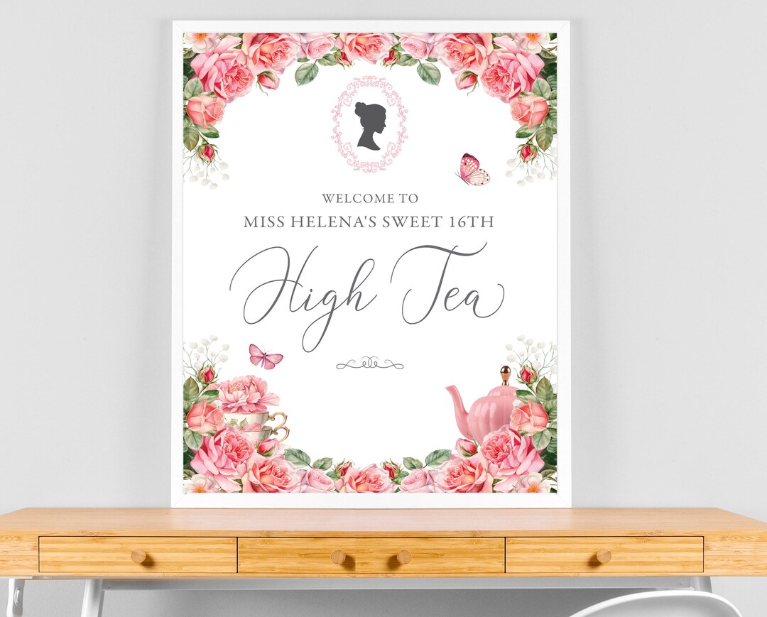 16 X 20 High Tea Welcome Sign, Pretty Pink Roses, Bridgerton Style ...