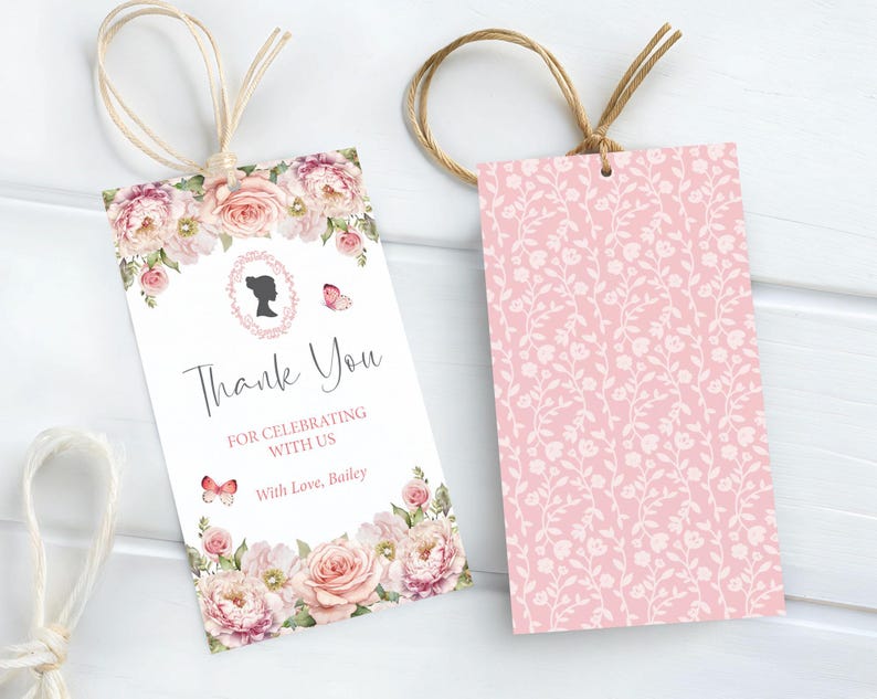 pretty pink flower tags with victorian came and pink pattern back