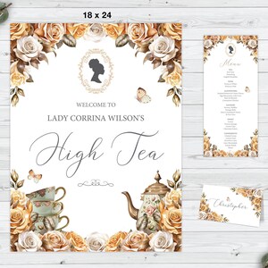 Bundle of 3 Bridgerton High Tea Gold Brown Rose, Afro Puff Cameo, 18 x 24 Sign, Menu, Place Food Tent Card, Corjl EDITABLE DIGITAL DOWNLOAD