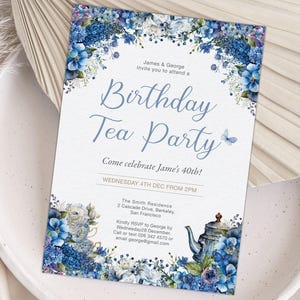 5 x 7 Birthday Tea Party Invitation, Bright Blue Floral, Male Birthday with Blue Butterfly, Teacups, Teapot, Corjl Editable Digital Download