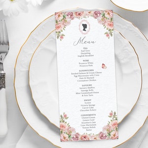 4 x 9 Tea Party Menu with Blush Pink Flowers, Bridgerton Style Cameo with Butterfly and Pretty Pink Back, CORJL EDITABLE DIGITAL Template