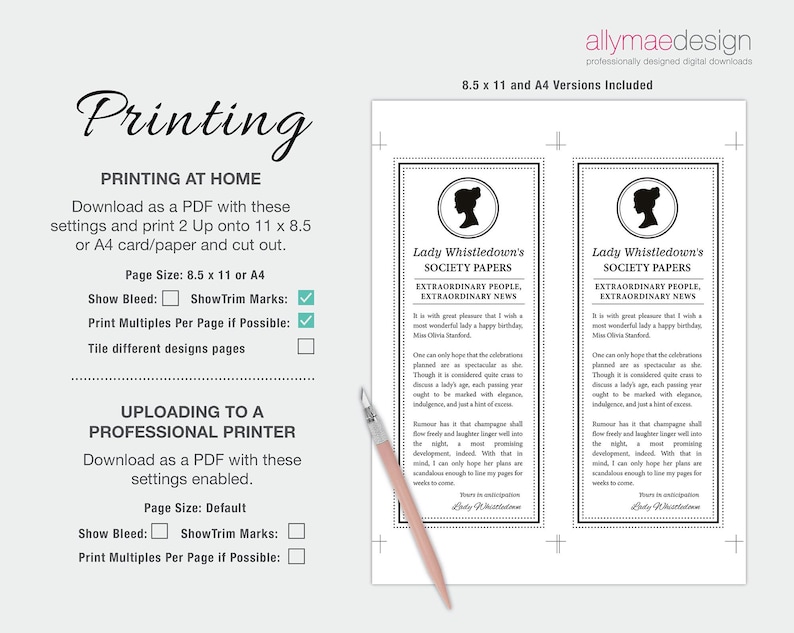instructions on how to print the Whistledown Inspired Birthdsy Society Page