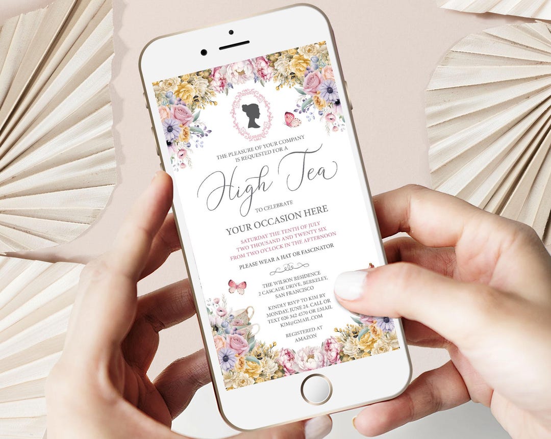 High Tea Mobile Invitation With Pastel Flowers, Regency Cameo, & Teapot ...