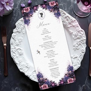 4 x 9 Gothic Tea Party Menü mit Cameo, schwarz rosa lila Blumen und Libelle, Corjl EDITIERBARER DIGITALER DOWNLOAD