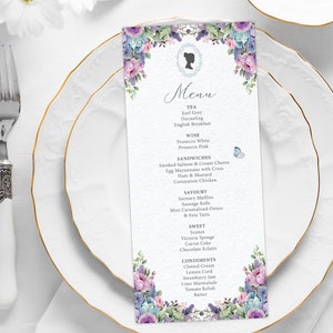 4 x 9 Tea Party Menu, Blue, Pink, Lilac & Green Flowers, Bridgerton Cameo, Pretty Blue Back, Butterflies, Corjl EDITABLE DIGITAL DOWNLOAD