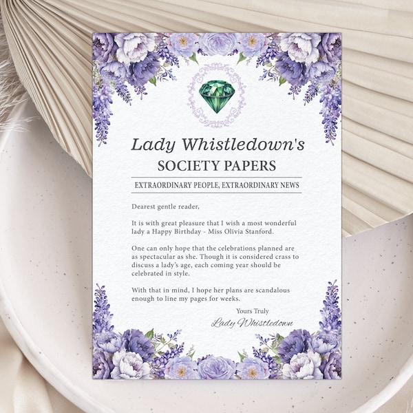 5 x 7 Lady Whistledown Birthday Announcement Society Page, Dearest Gentle Reader, Purple, Emerald Cameo, Corjl Editable Digital File