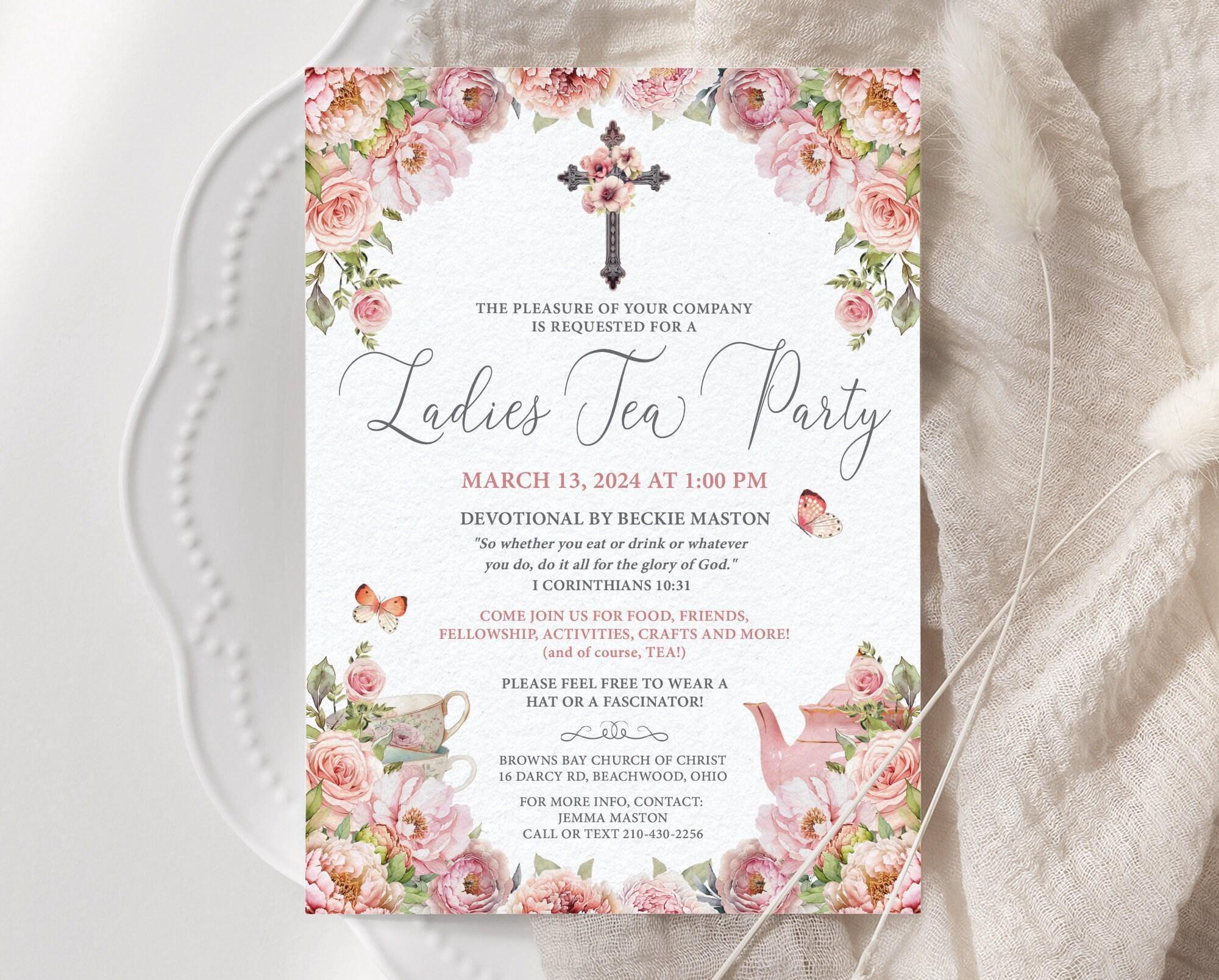 Blush Pink Tea Party Invitation: Church Event, Floral Cross (EDITABLE DIGITAL DOWNLOAD)