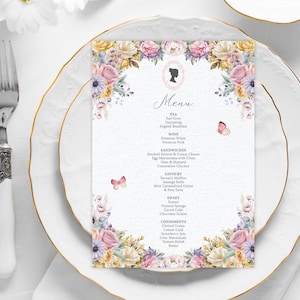 5x7 Tea Menu: Pastel Flowers, Regency Cameo, Butterfly (Corjl Editable Digital Template)
