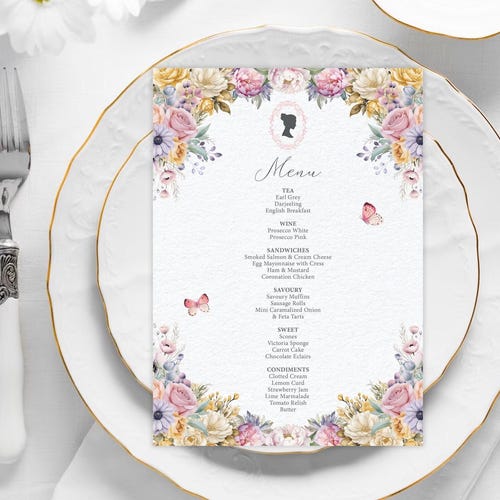 5x7 Tea Menu: Pastel Flowers, Regency Cameo, Butterfly (Corjl Editable Digital Template)
