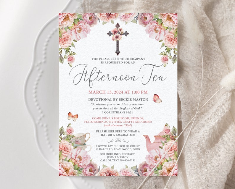 5 X 7 Afternoon Tea Church Event Invite With Blush Pink Flowers