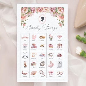 20 juegos de bingo de la sociedad (no editables, 5,5 x 8,5 pulgadas), flores rosa rubor, Bridgerton Cameo, 1 tarjeta de llamada, descarga digital en PDF