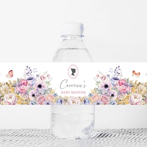 Etichetta per bottiglia d'acqua per baby shower 8 x 2, fiori pastello, cameo in stile Bridgerton, farfalle, modello digitale modificabile CORJL