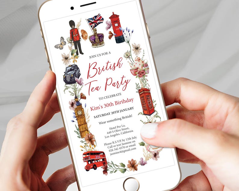 British Tea Party Mobile Invite: London Icons, Editable Template