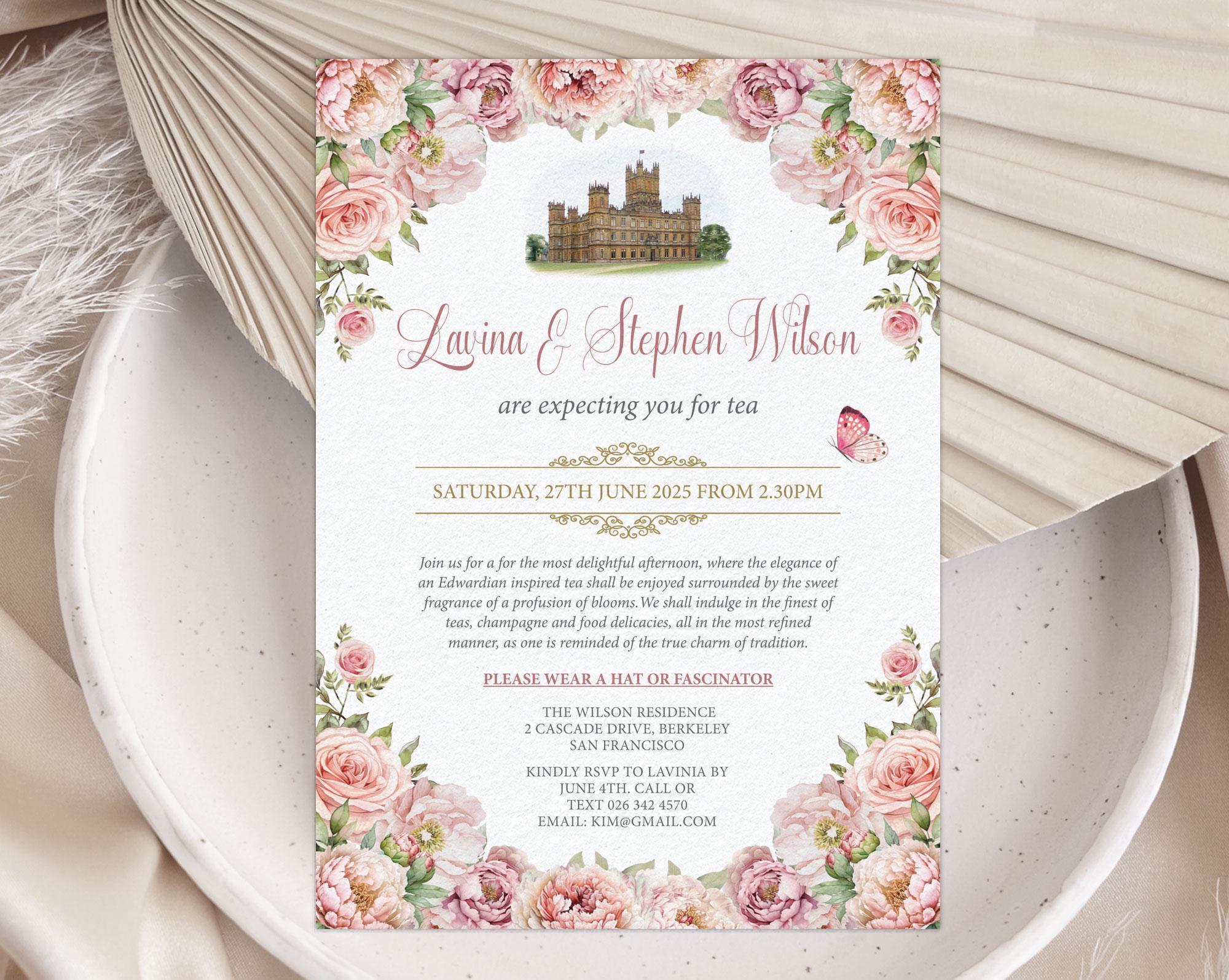 Downton Abbey Tea Party Invitation, Highclere House, Blush Pink ...
