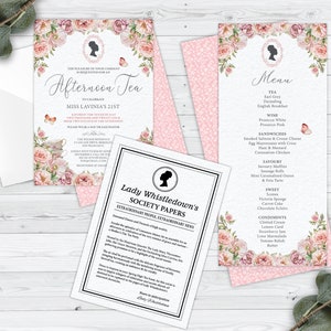 Bundle of 3 Afro Puff Bridgerton Afternoon Tea Blush Pink, Invitation, Menu, Whistledown Birthday Page, Corjl EDITABLE DIGITAL DOWNLOAD
