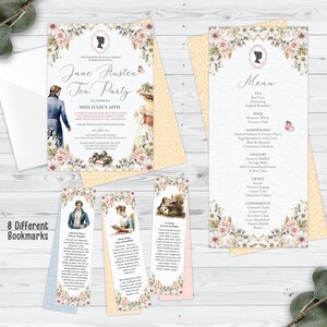 Bundle of 3 Jane Austen Tea Party Products with Cameo, Invite, Menu, Corjl Editable Digital Download, 8 Different Bookmarks (not editable)