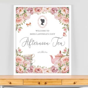 16 x 20 Bridgerton Afternoon Tea Welcome Sign with Blush Pink Florals, Cameo, Teapot, Cups, Butterflies, CORJL EDITABLE DIGITAL Template
