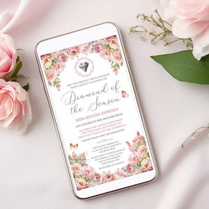 mobile invitation for a diamond of the season party, with regency style diamond cameo, teapot, tea cups and butterflies
