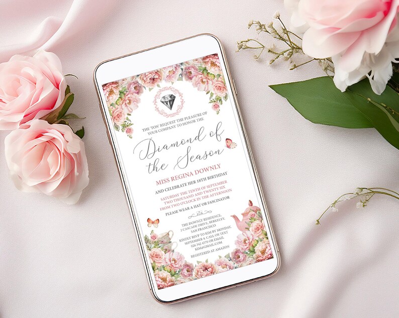 mobile invitation for a diamond of the season party, with regency style diamond cameo, teapot, tea cups and butterflies