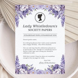 Birthday Lady Whistledown Announcement Society Page, Lavender Colored Flowers, Round Bridgerton Style Cameo, Corjl EDITABLE DIGITAL DOWNLOAD