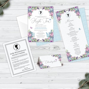 Bundle of 4 High Tea Blue Pink Lilac Green Flowers, Invite, Whistledown Birthday Page, Food/Name Cd, Menu, Corjl EDITABLE DIGITAL DOWNLOAD