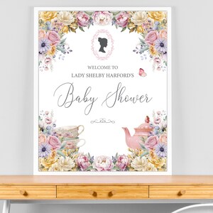 16 x 20 Baby Shower Welcome Sign with Pastel Flowers, Bridgerton Style Cameo, Teapot, Cups, Butterflies, Corjl Editable DIGITAL DOWNLOAD